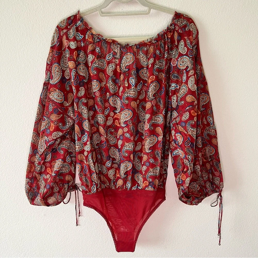 NWOT Free People Sundown Paisley Off Shoulder Bodysuit Red Vintage Combo XS/S